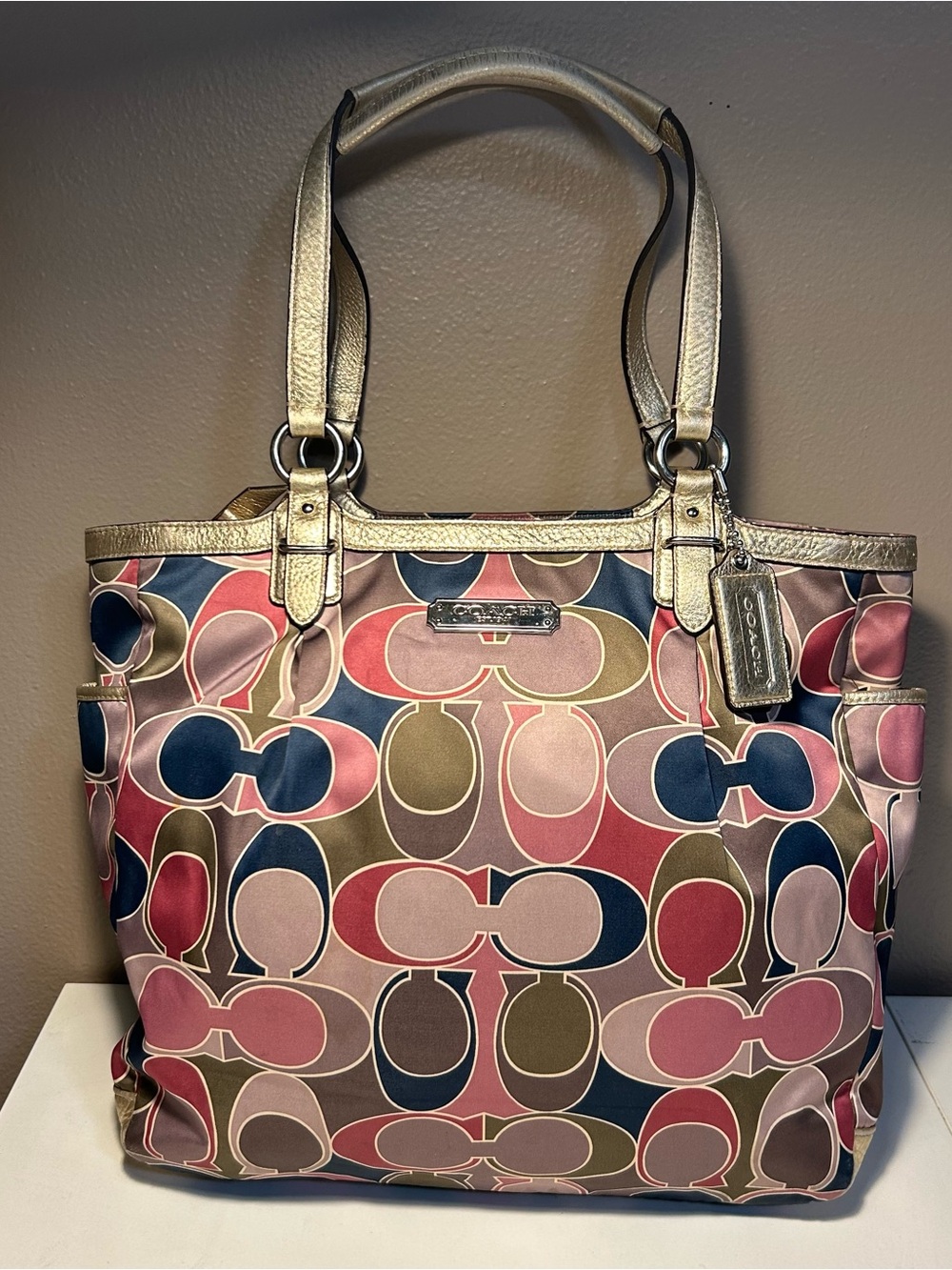 Coach Multicolor Op Art Scarf Tote Shoulder Bag Signature Sateen